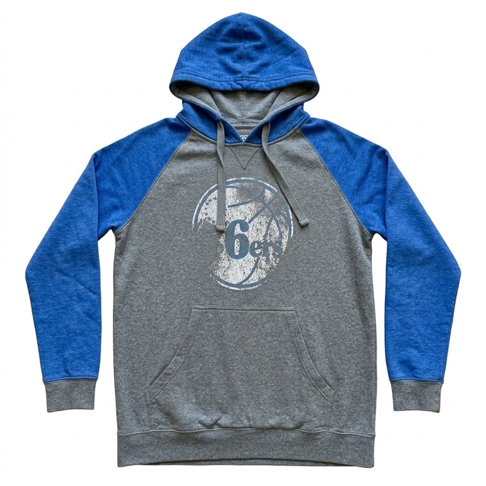 NBA Philadelphia 76ers Raglan Pullover Hoodie Distressed Graphic Blue Grey Large